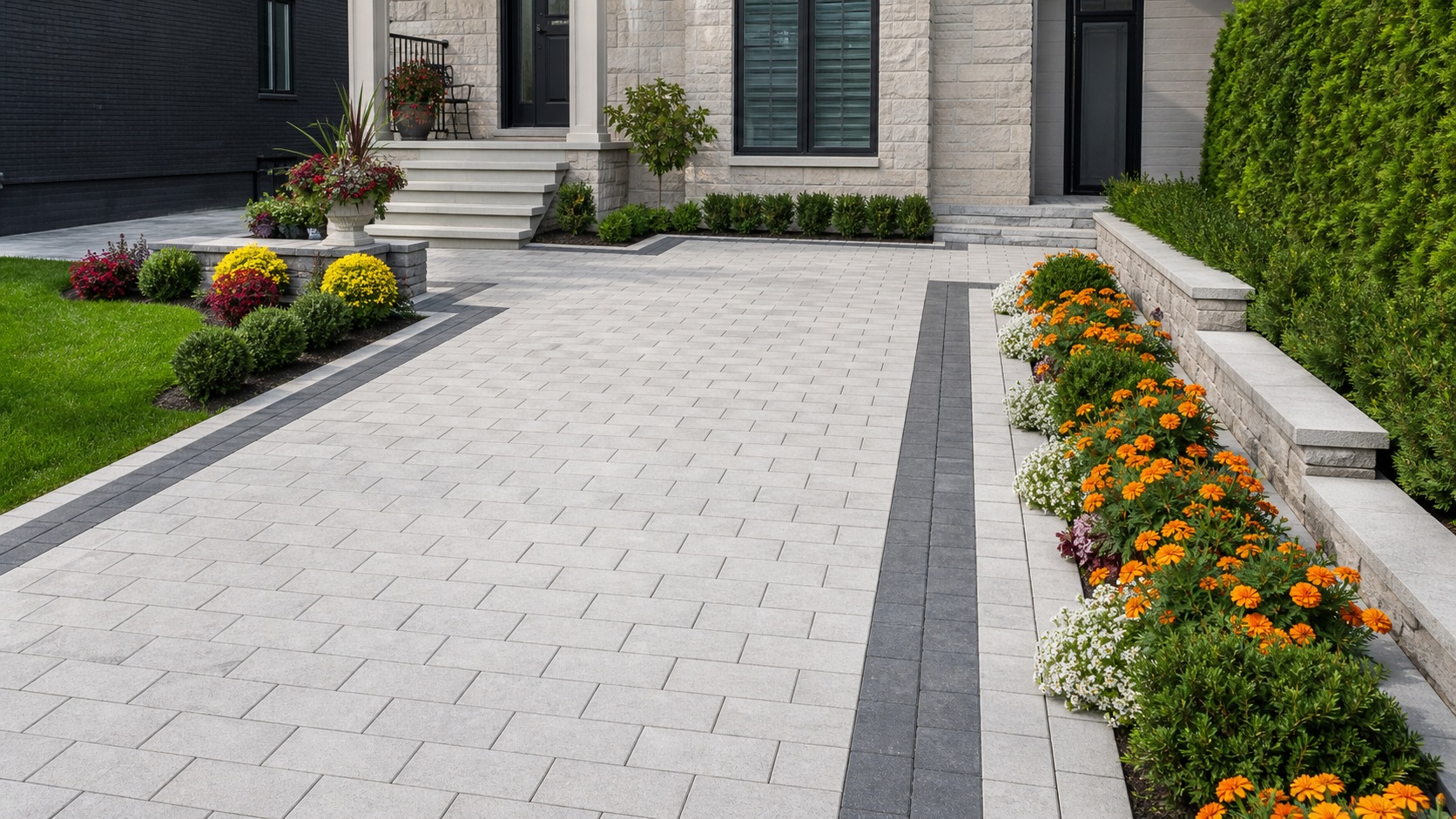 High-resolution light gray paving with landscaped planting beds