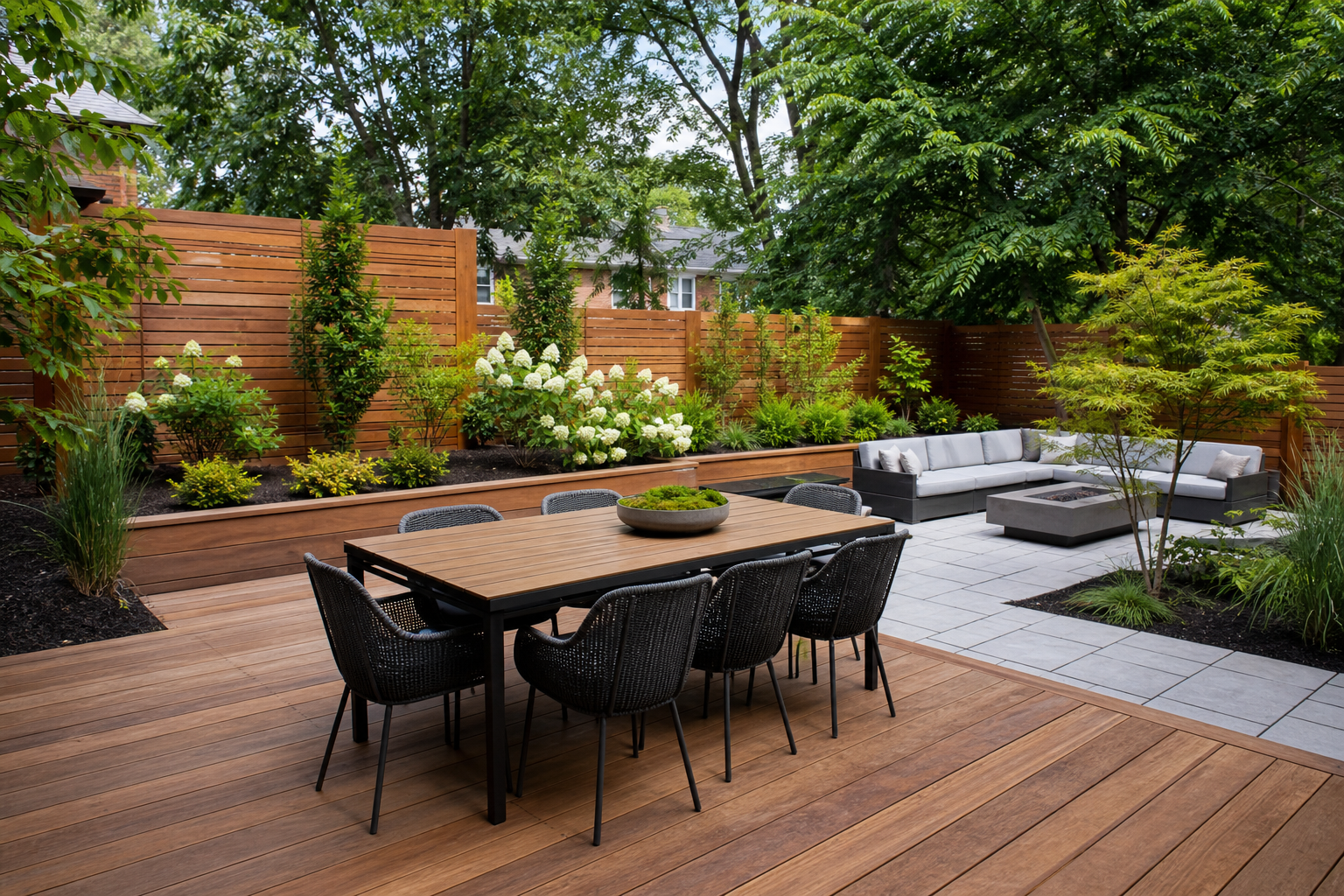 Integrated deck, patio, fence and garden design