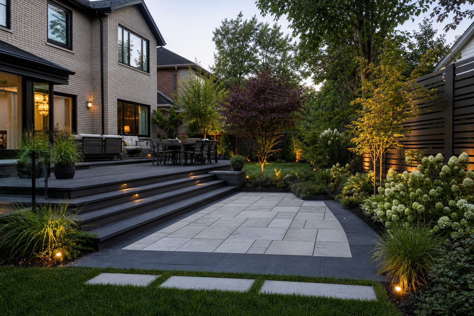 Modern backyard with PVC deck and geometric patio