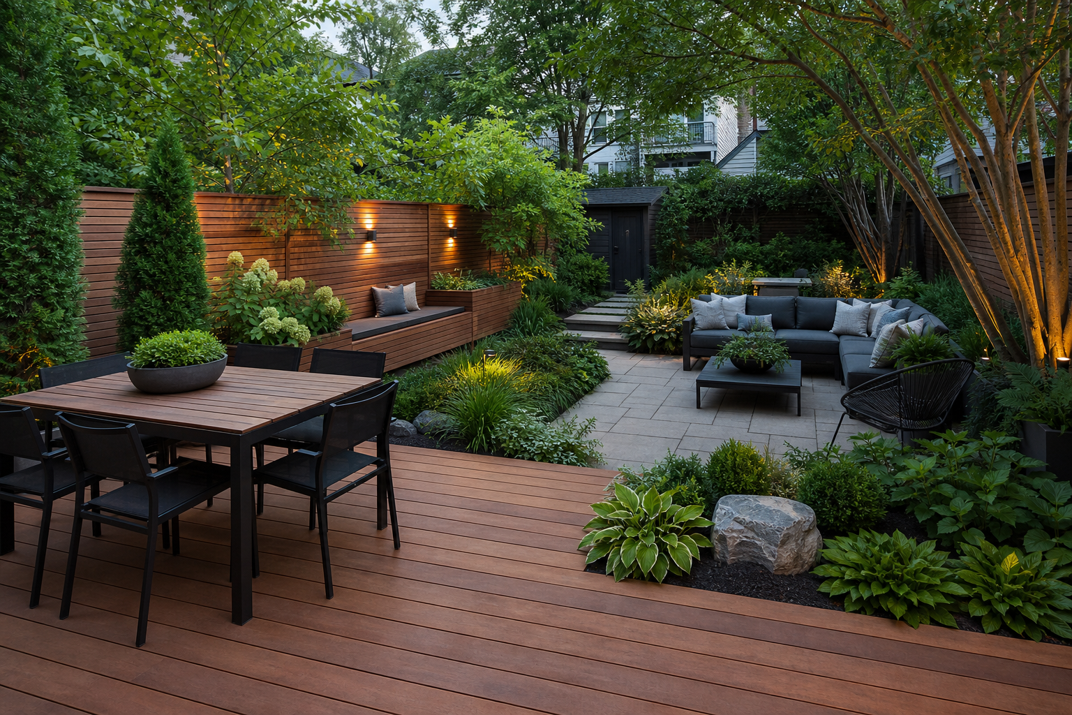 Compact urban backyard with dining and lounge zones