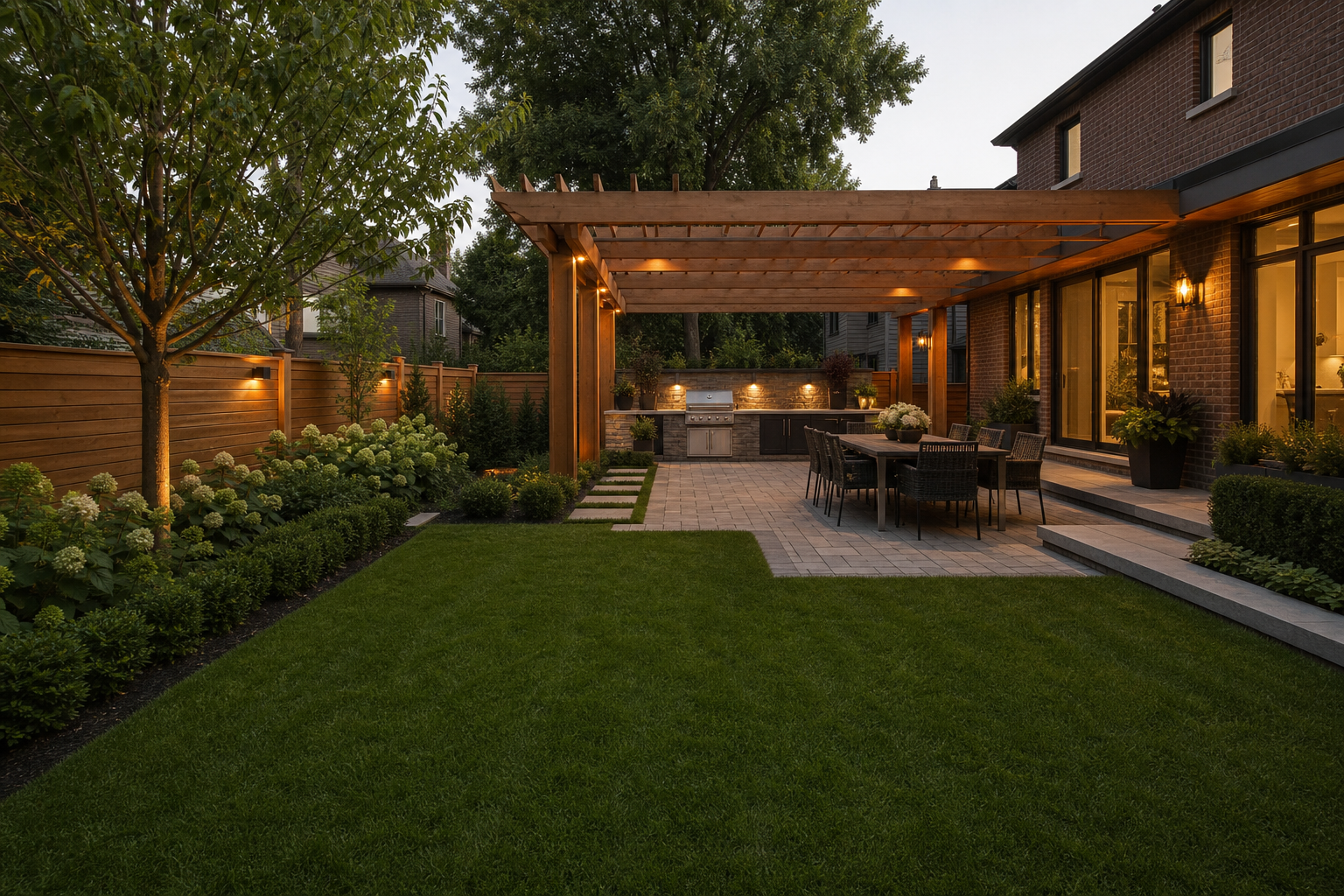 Family backyard with pergola and outdoor kitchen