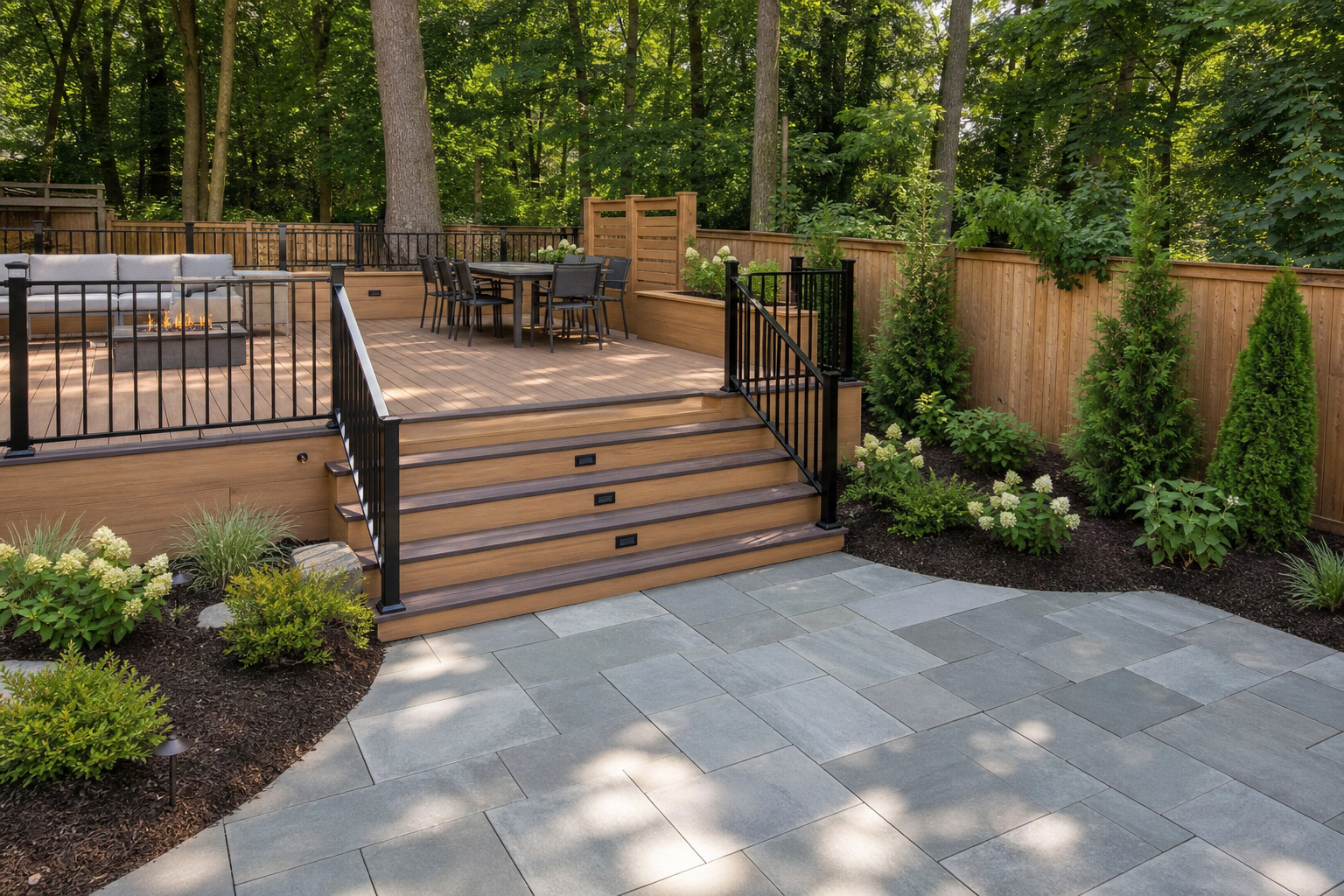 Two-level deck connected to a geometric stone patio