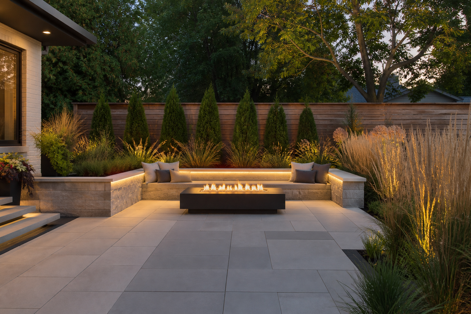 Modern lounge with pavers, seat wall and fire table