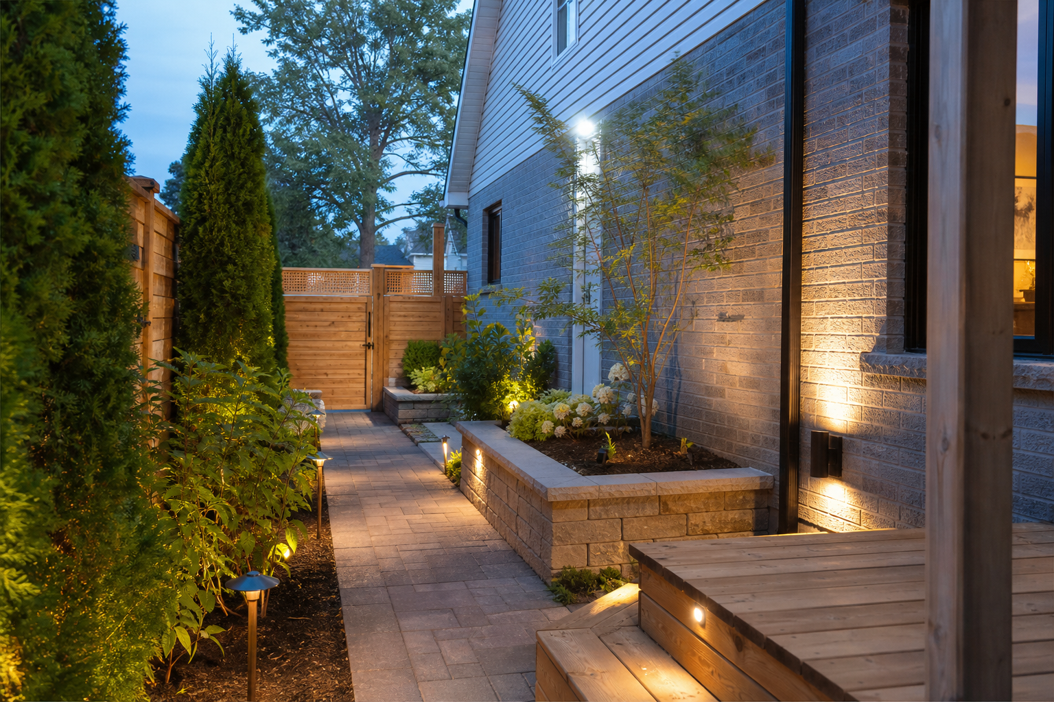 Designed side yard with raised beds and lighting