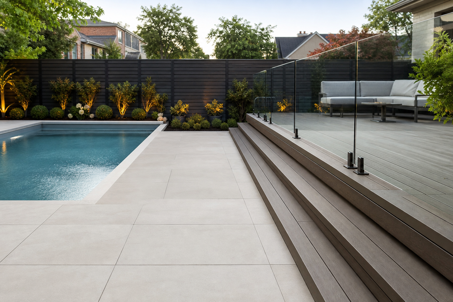 Poolside design with pavers, deck and glass railing