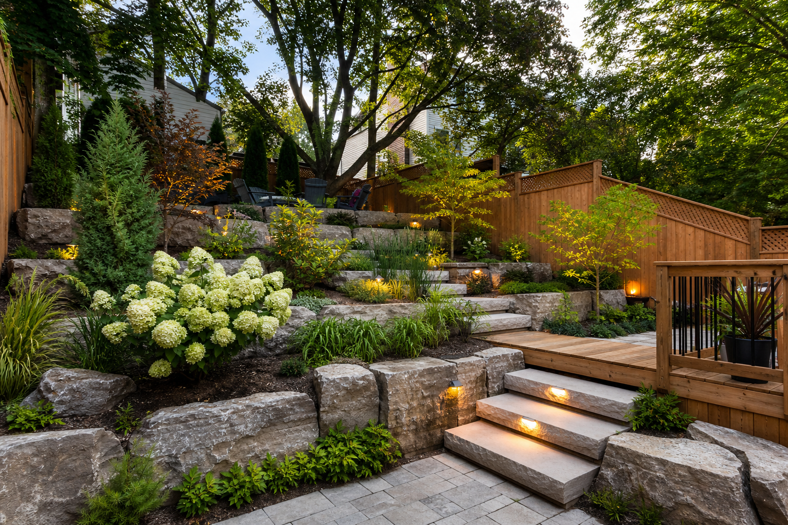 Terraced sloped backyard with stone walls and steps