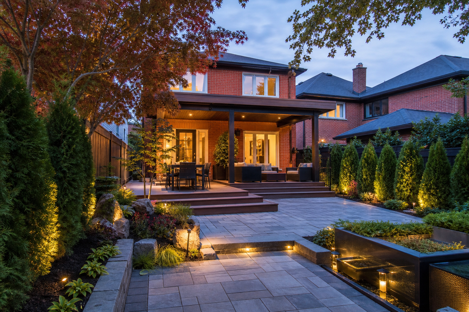 Four-season backyard with covered deck and patio