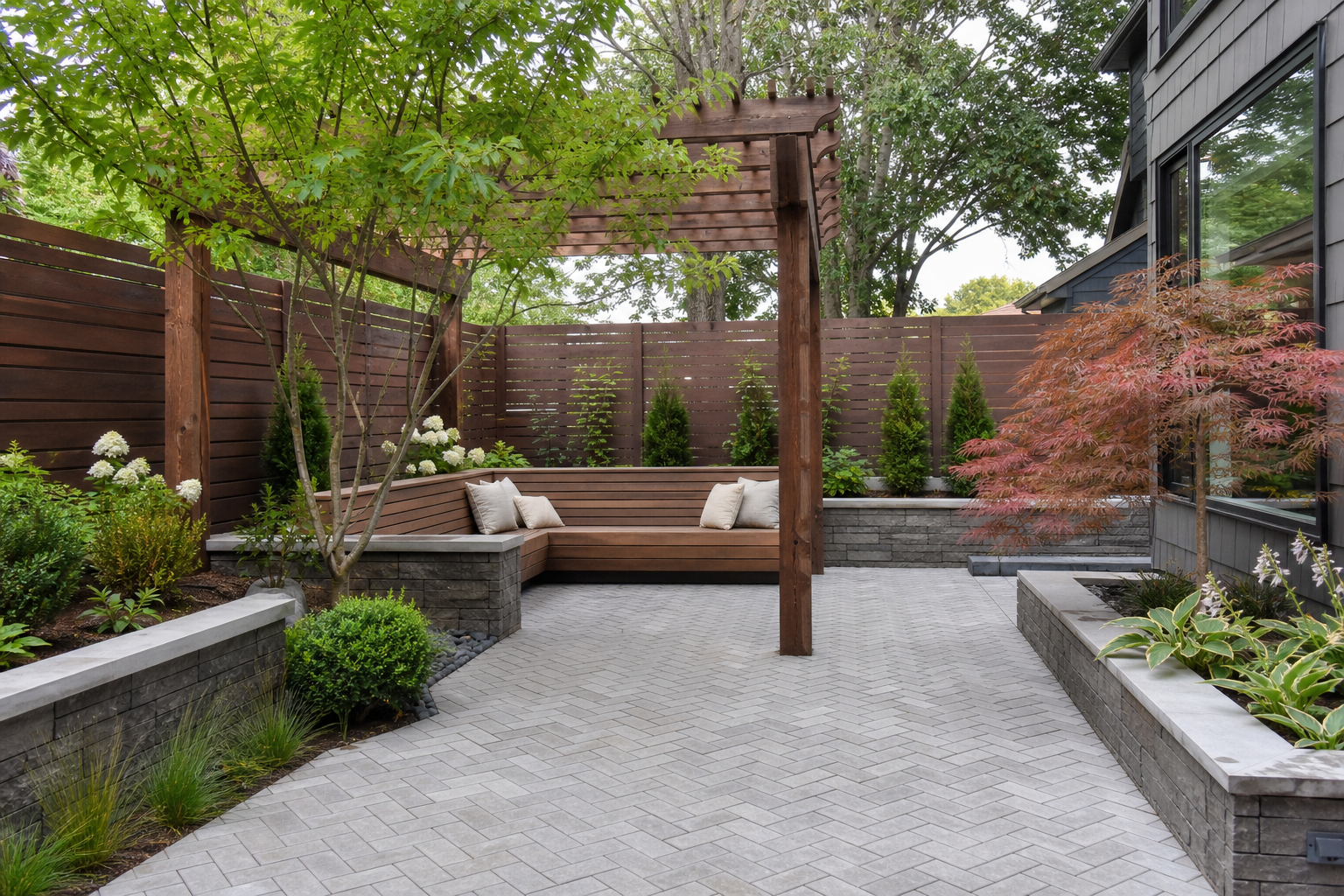 Courtyard with pergola, planters and built-in seating