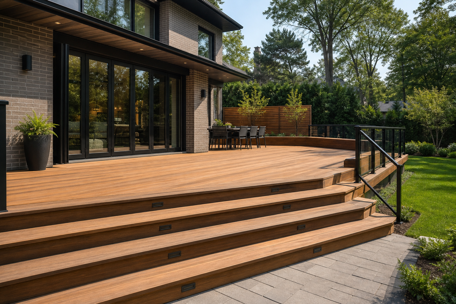 Expansive cedar deck with wide illuminated stairs