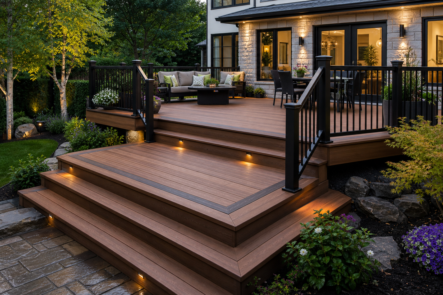 Two-level brown PVC deck with black railing