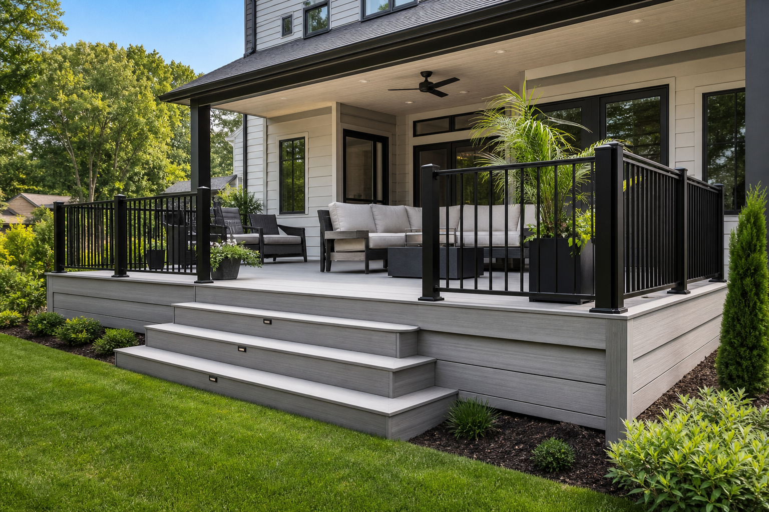 Modern light-gray PVC deck beside a suburban home
