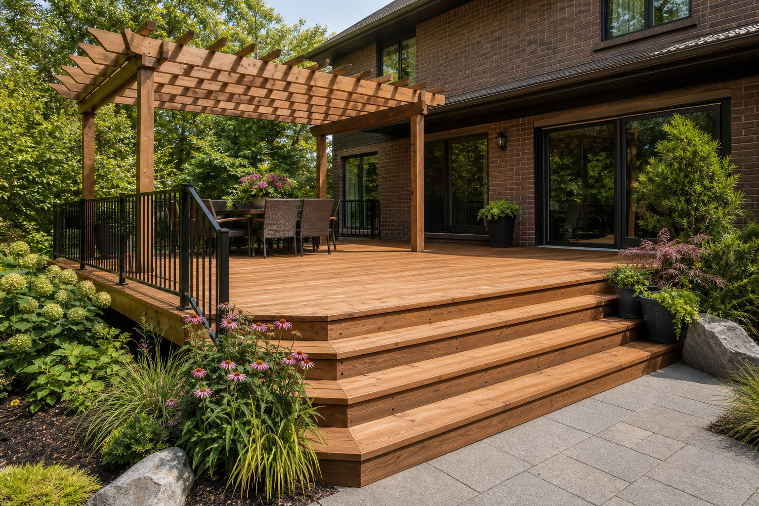 Cedar backyard deck with pergola and garden steps
