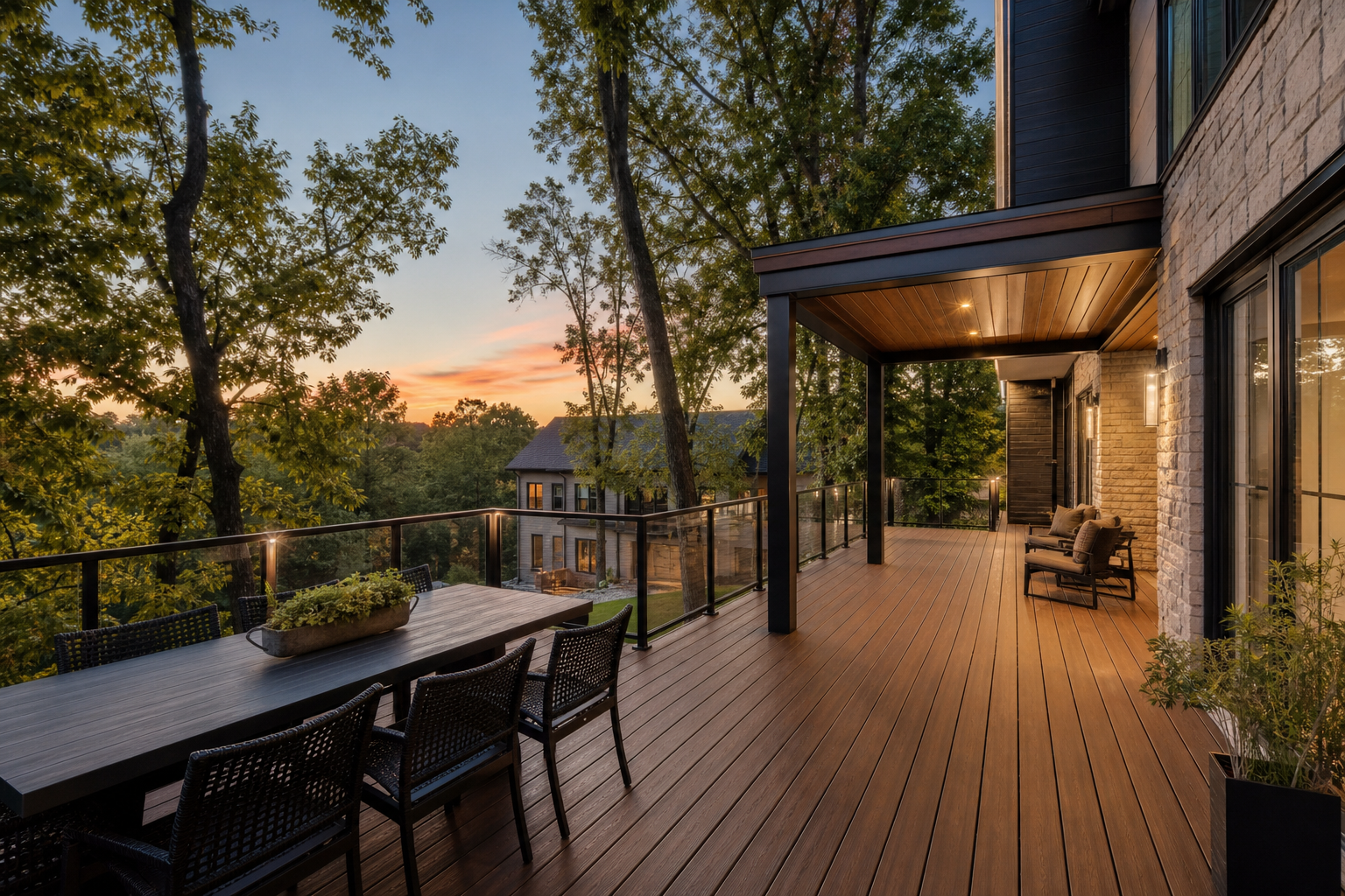 Walnut PVC deck with glass railing at sunset