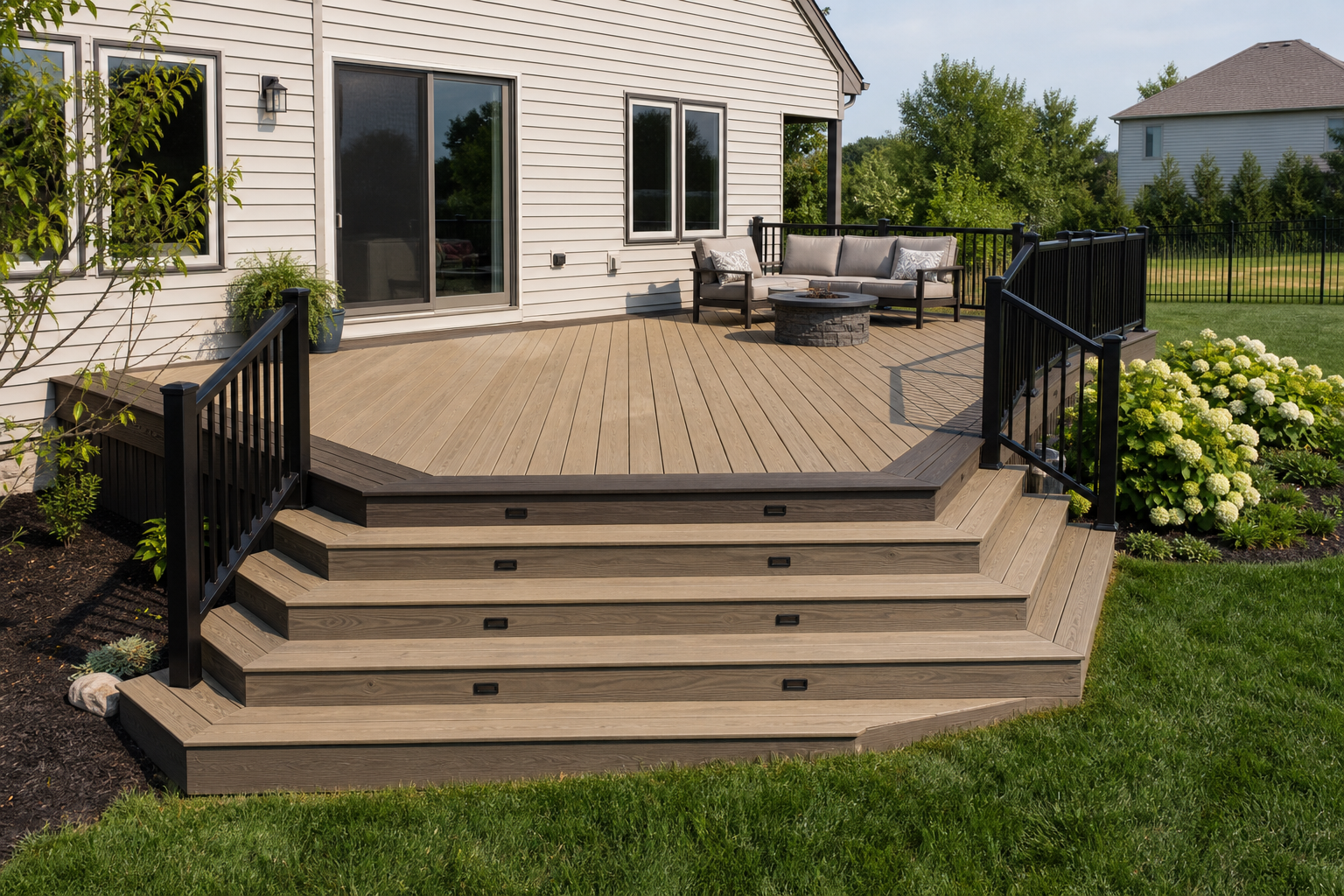 Warm brown PVC deck with stair lighting