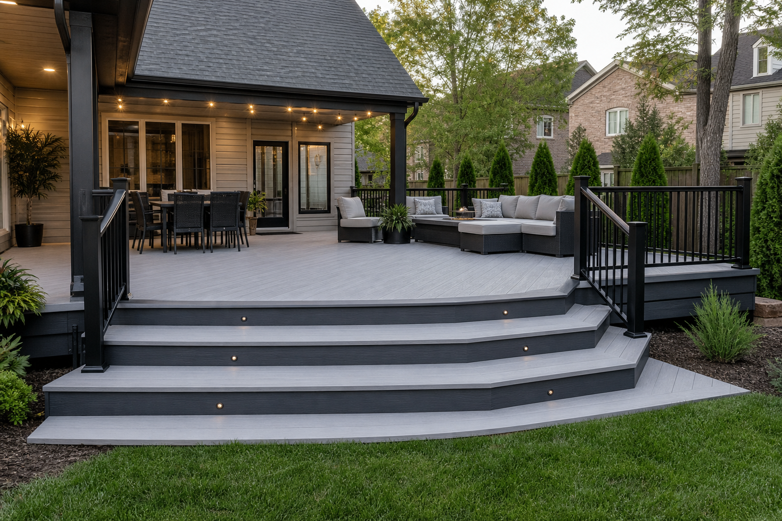 Low-profile PVC dining deck with clean border