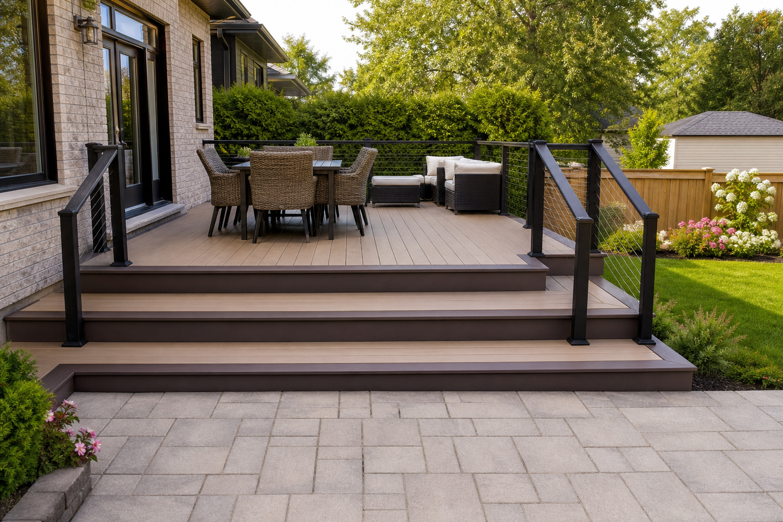 PVC deck with integrated seating and garden stairs