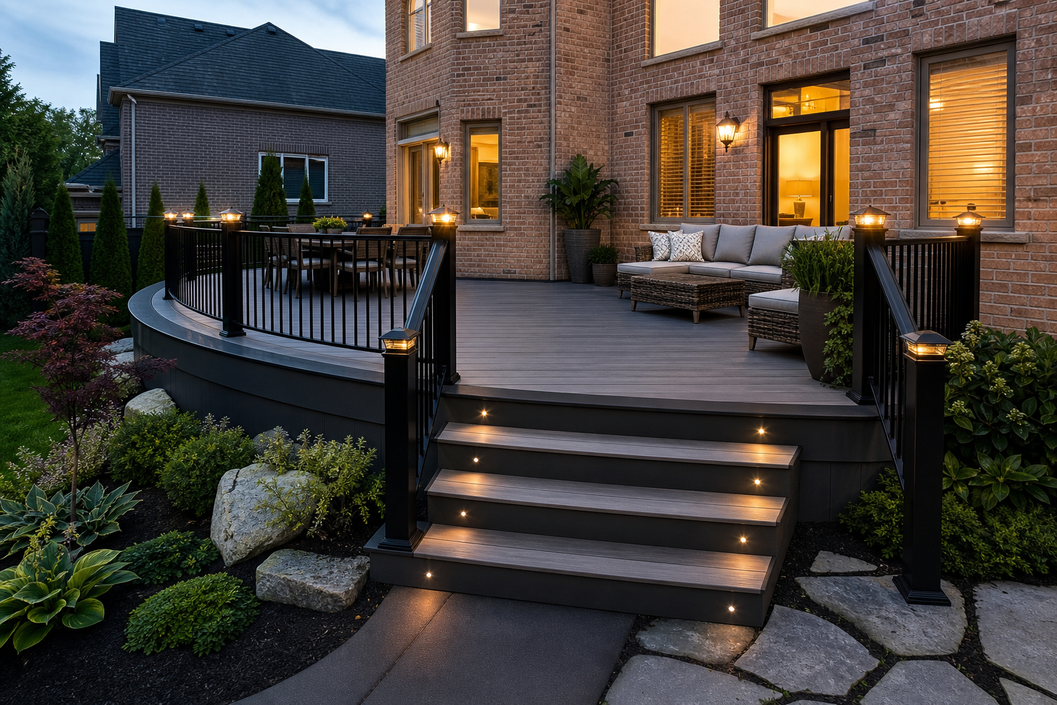 Low-maintenance deck attached to a brick home