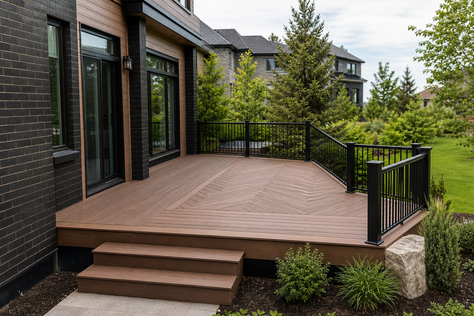Medium-brown PVC deck with herringbone feature area