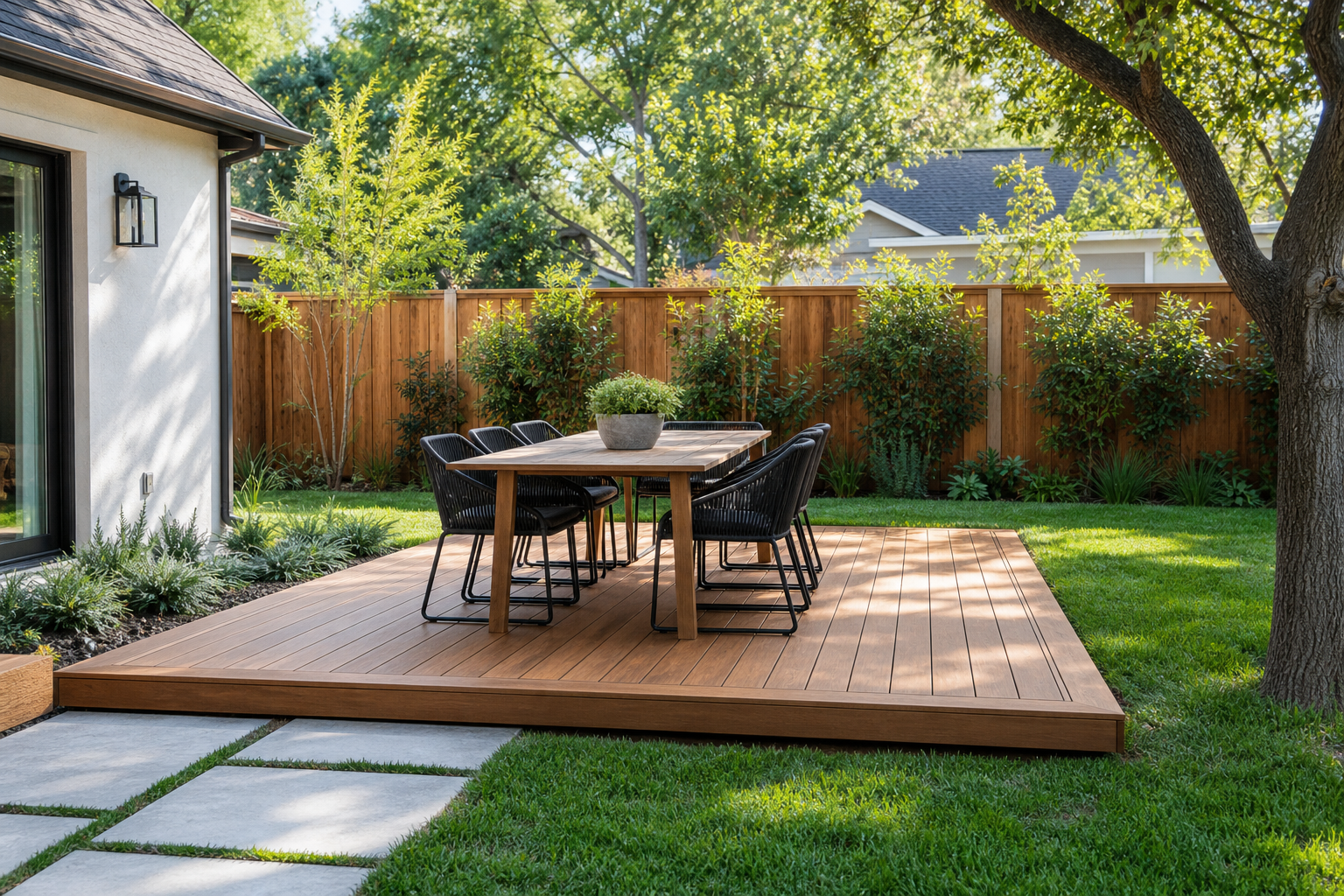 Low-profile wood dining deck in a landscaped backyard