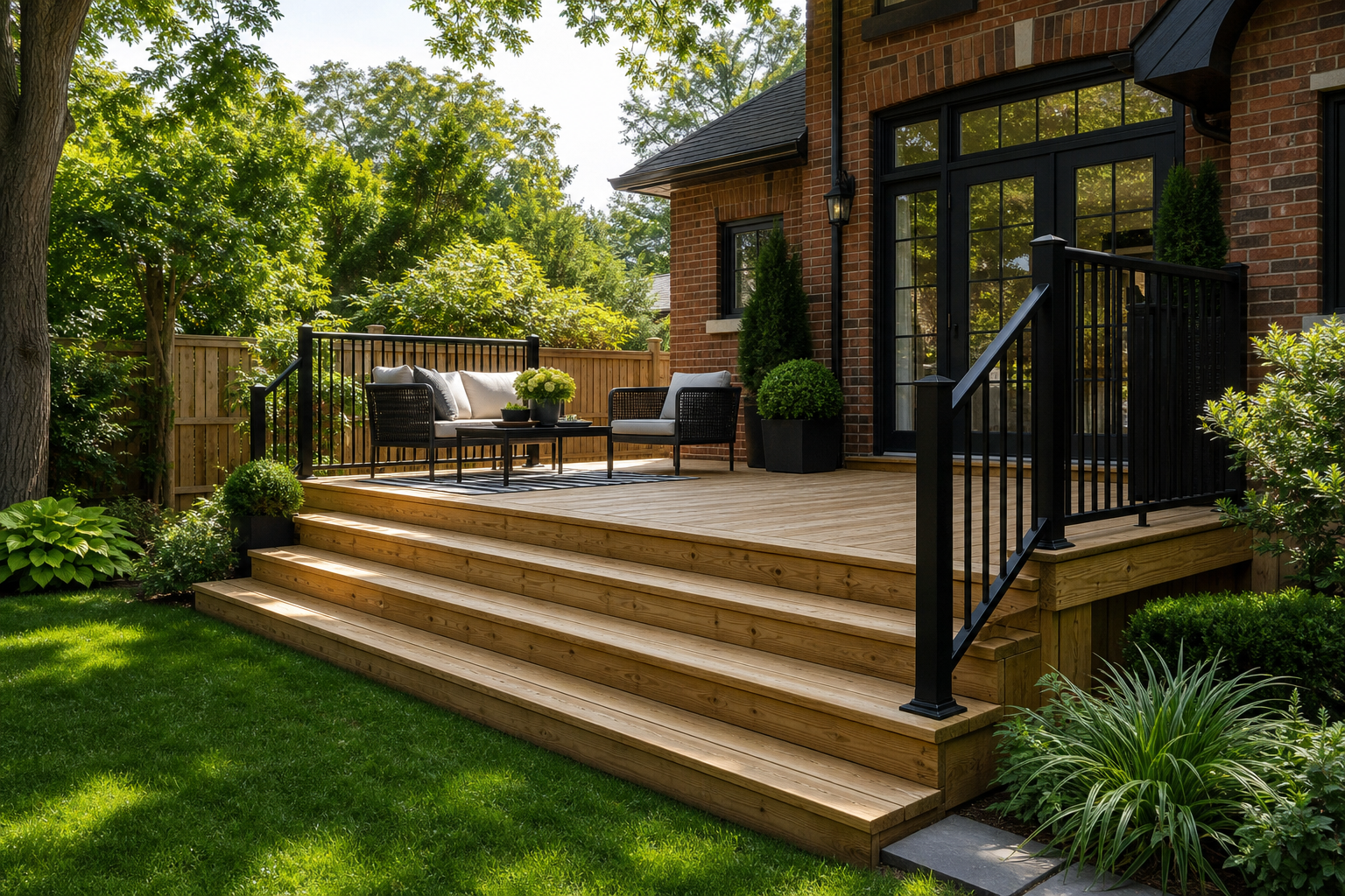 Raised wood deck with broad stairs and black railing