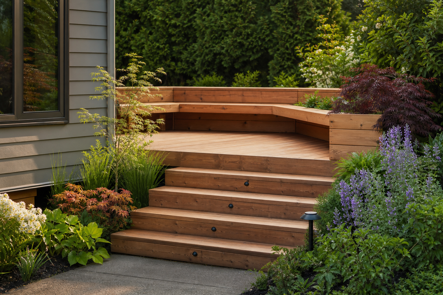 Wood garden deck with built-in bench seating