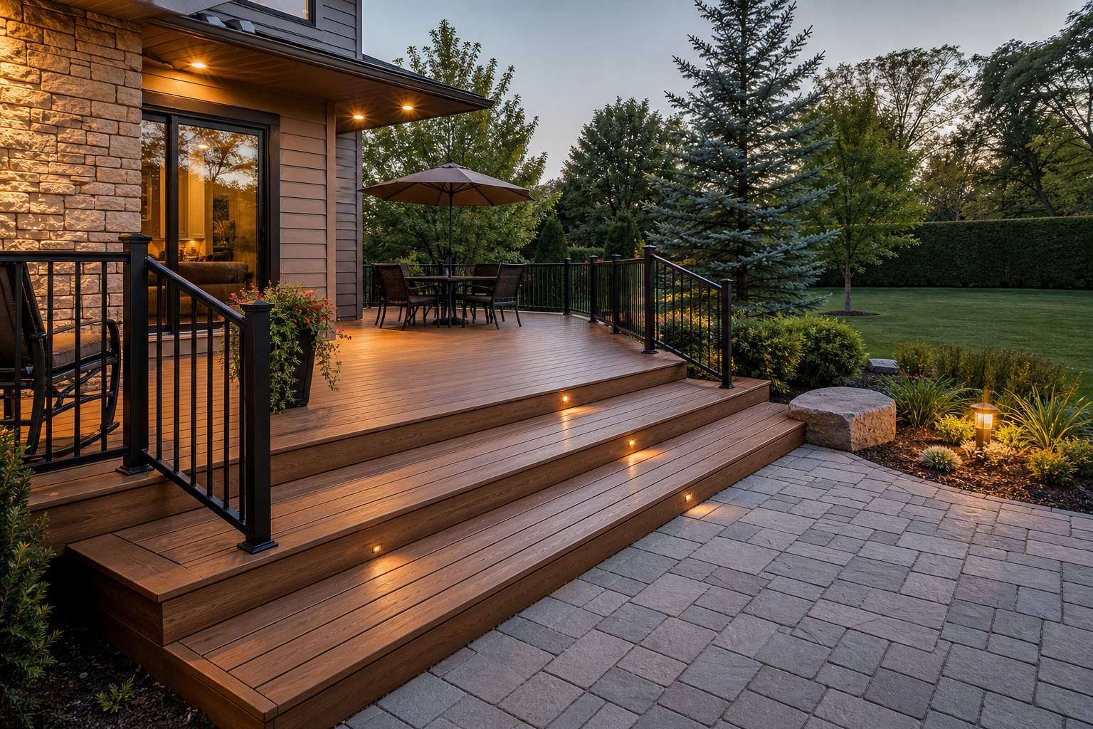Two-level wood deck with integrated step lighting