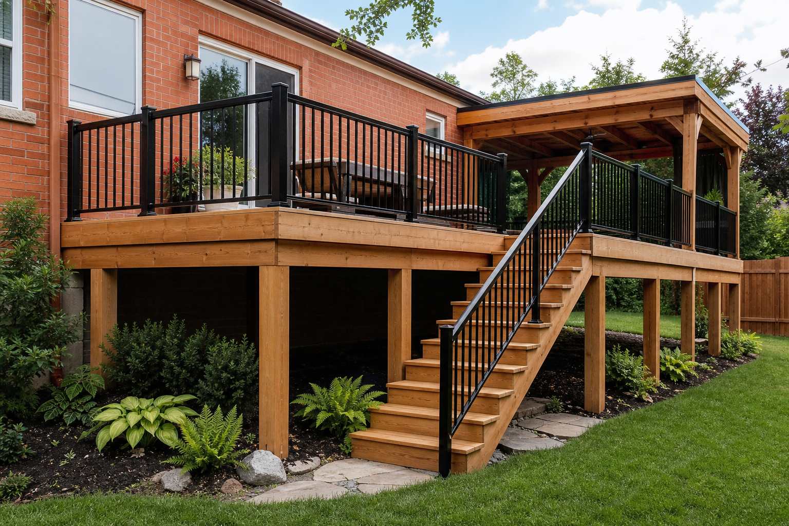 Finished wood deck attached to a brick home