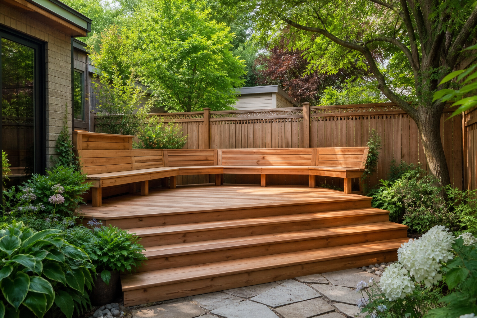 Compact cedar garden deck with built-in corner bench