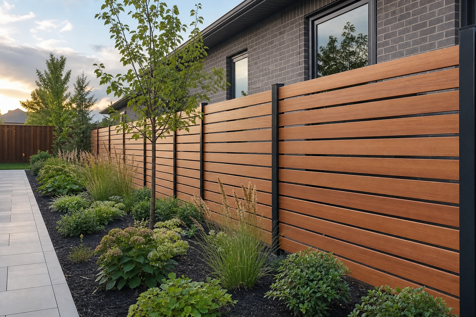 Modern horizontal cedar fence with black posts
