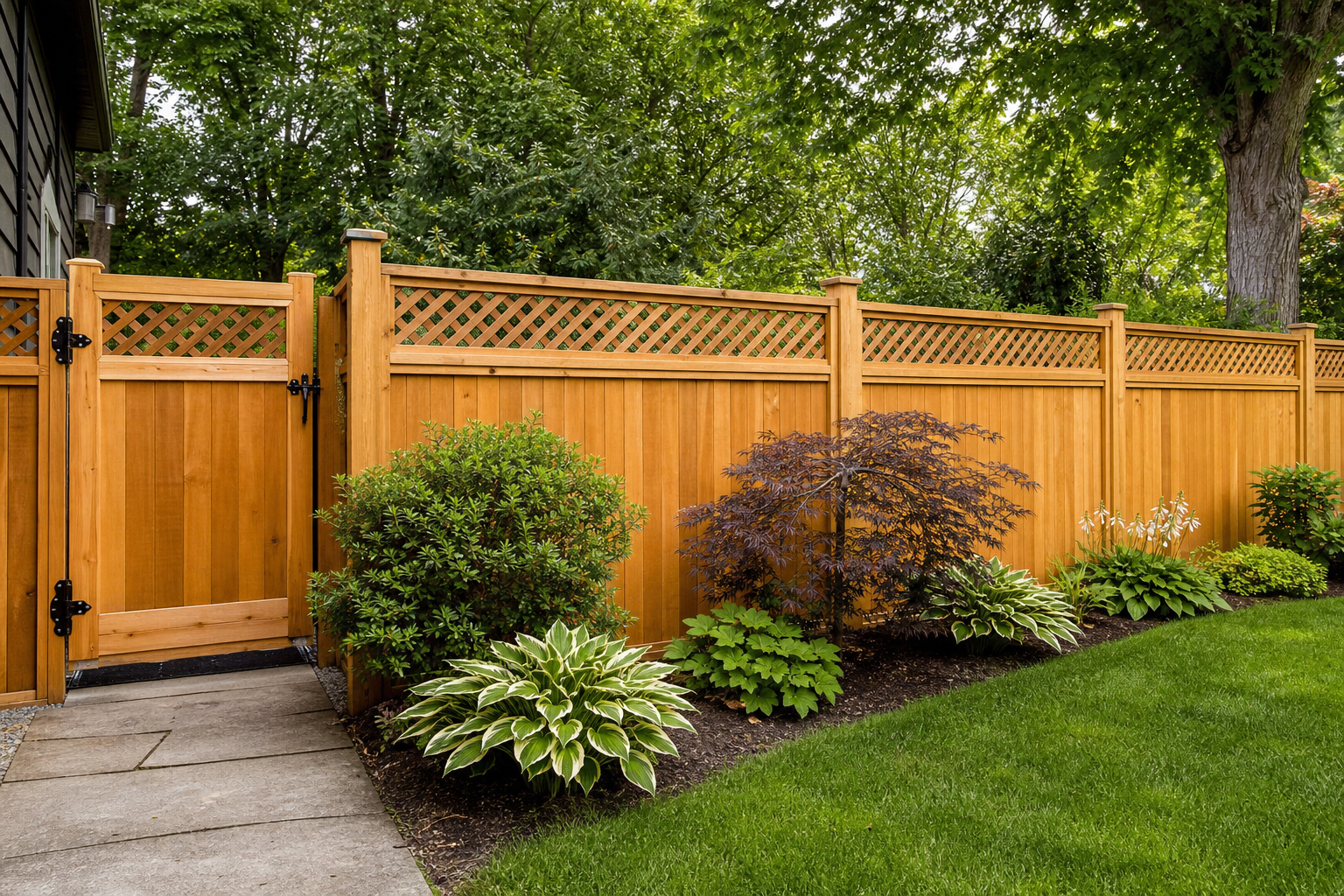 Cedar privacy fence with decorative lattice top
