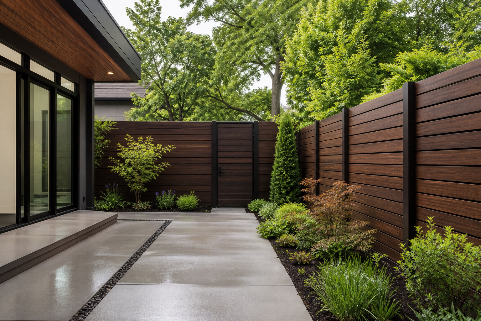 Dark horizontal privacy fence and flush gate