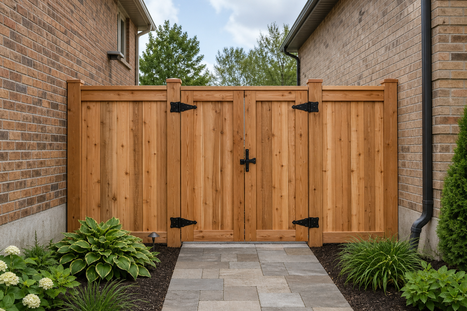 Double cedar side-yard gate with black hardware