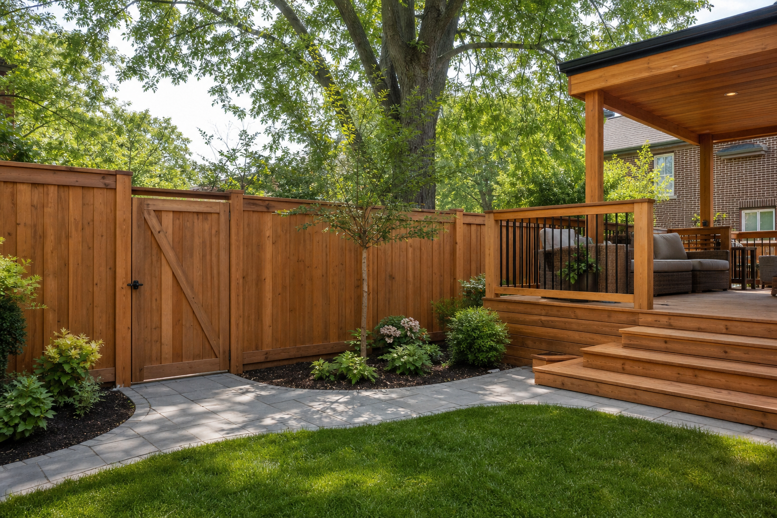 Cedar fence coordinated with a raised backyard deck