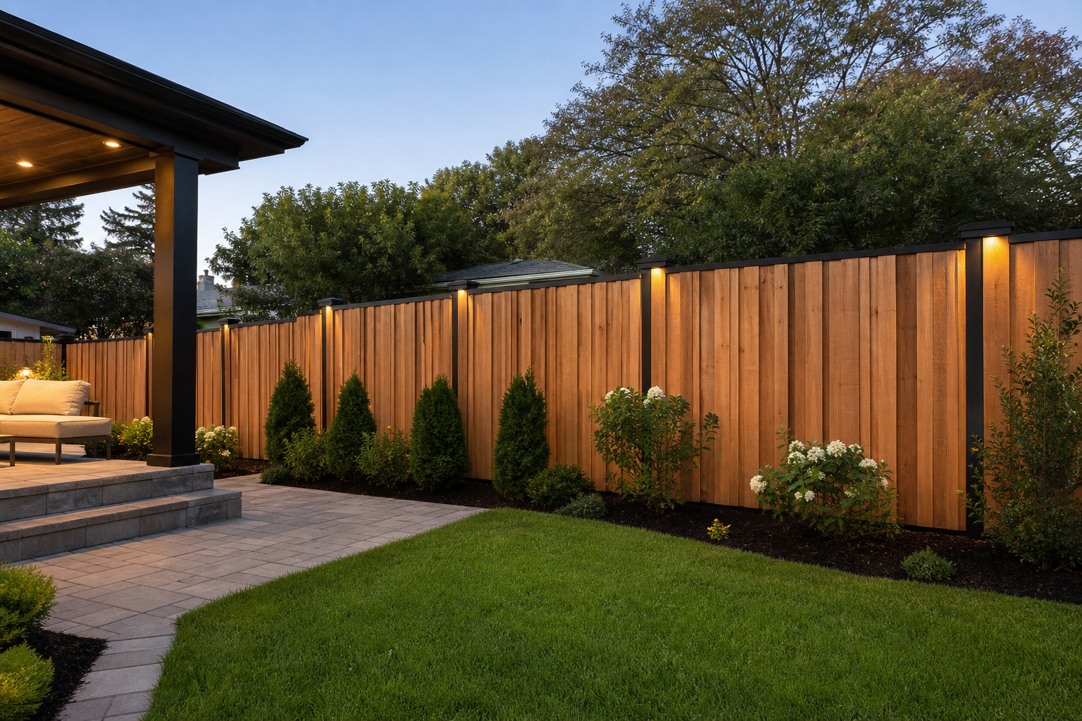 Contemporary vertical cedar fence with post lighting