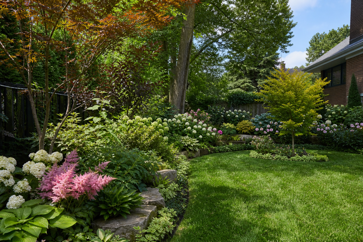 Layered backyard garden with flowering shrubs and trees
