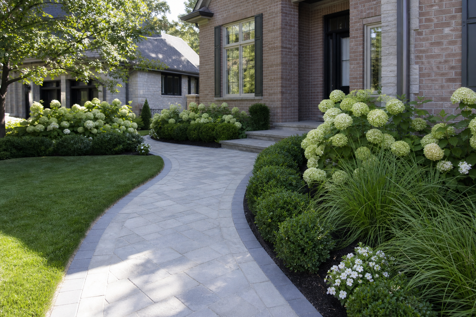 Front garden with hydrangeas and curved stone walkway
