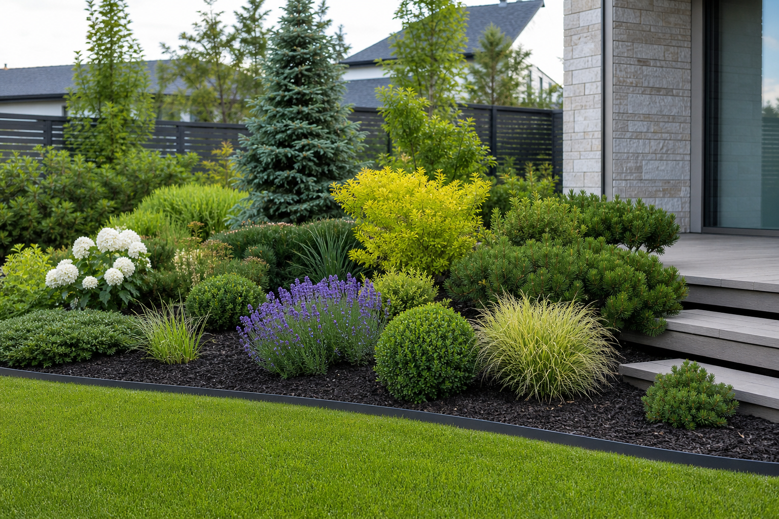 Low-maintenance garden with evergreens and perennials