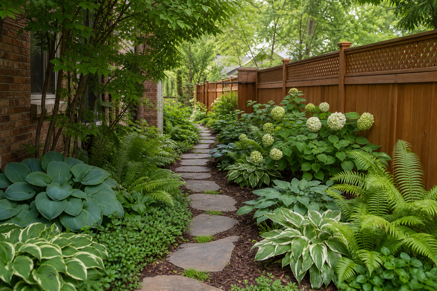 Shaded side garden with hostas and stepping stones