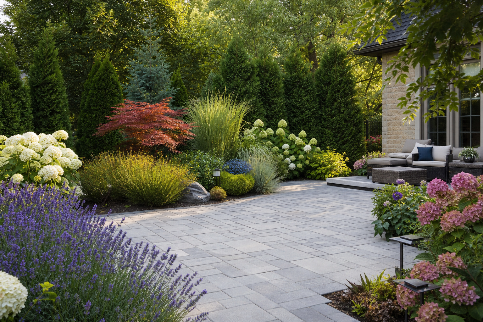 Flowering garden surrounding an interlock patio