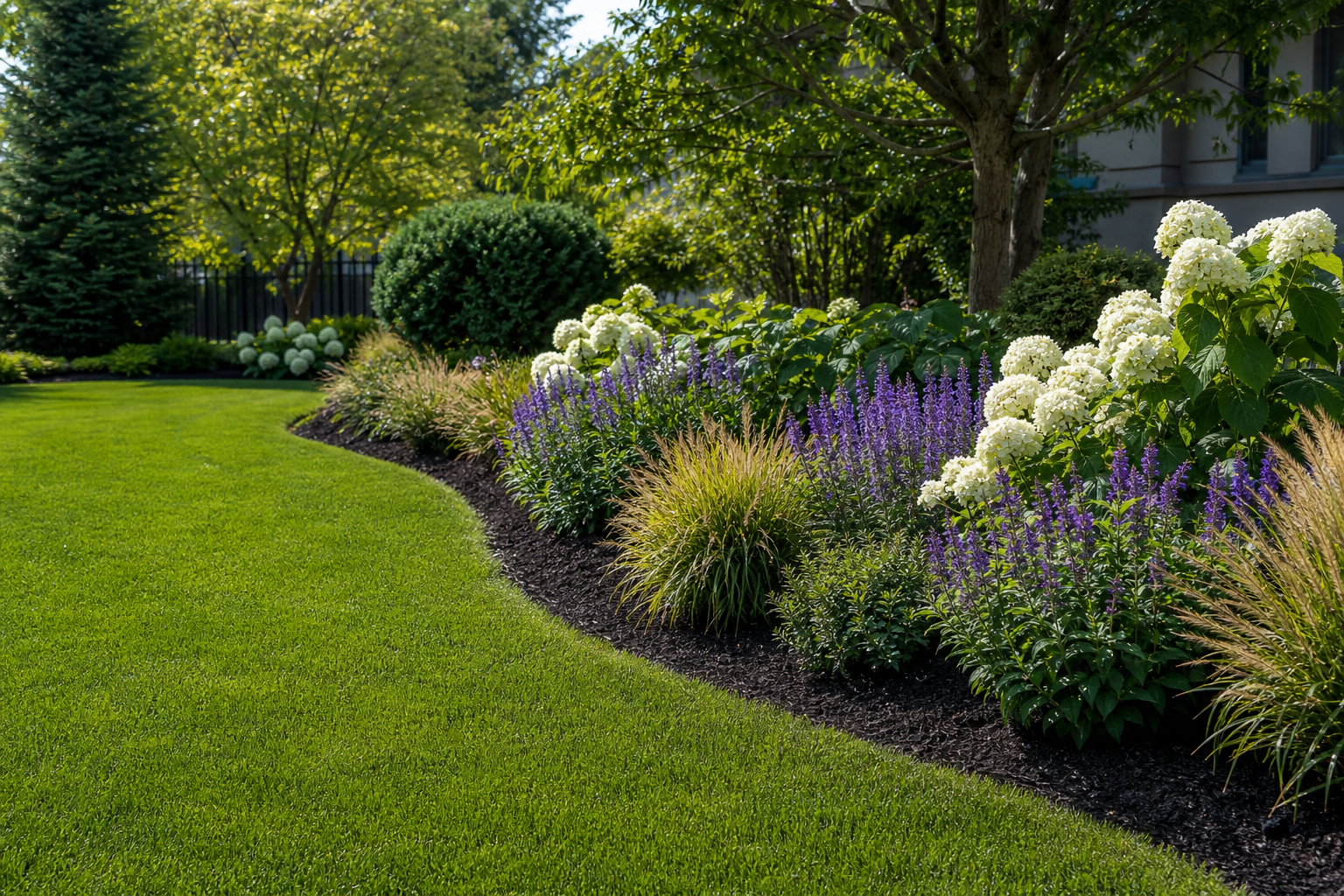 Curved perennial border with hydrangeas and grasses