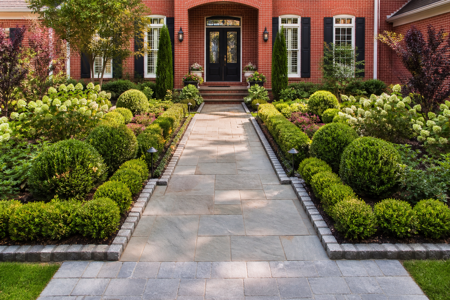 Formal front entrance garden with boxwood structure