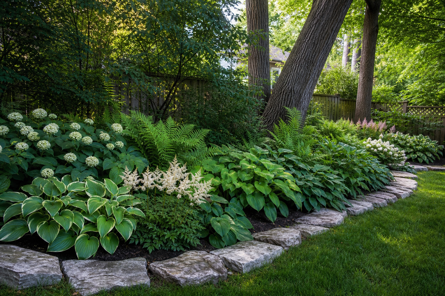 Shade garden with hostas, ferns and astilbe