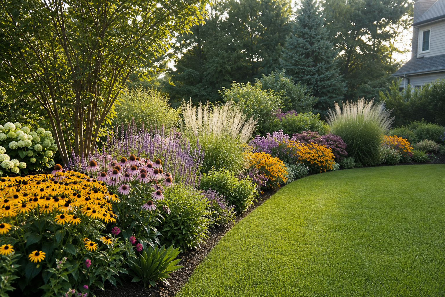Sunny pollinator garden with coneflowers and grasses