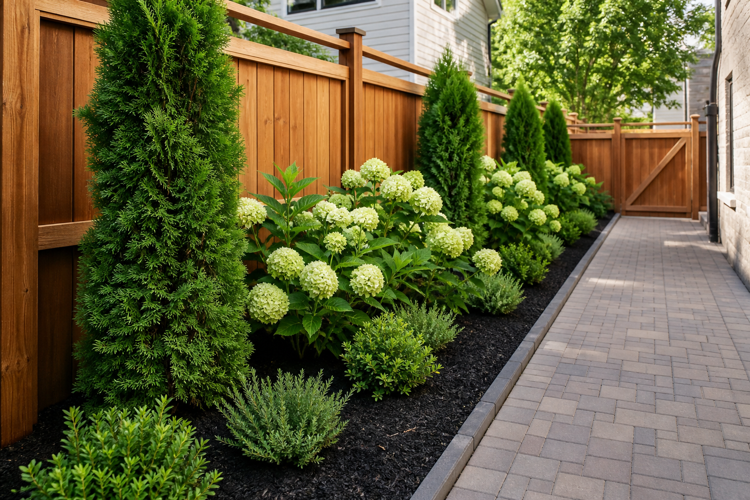 Side-yard planting bed with evergreens and hydrangeas