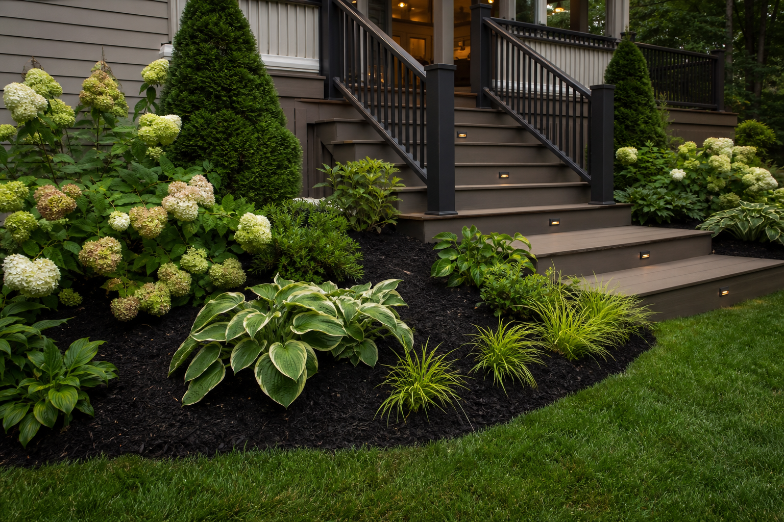Garden planting coordinated around broad deck steps