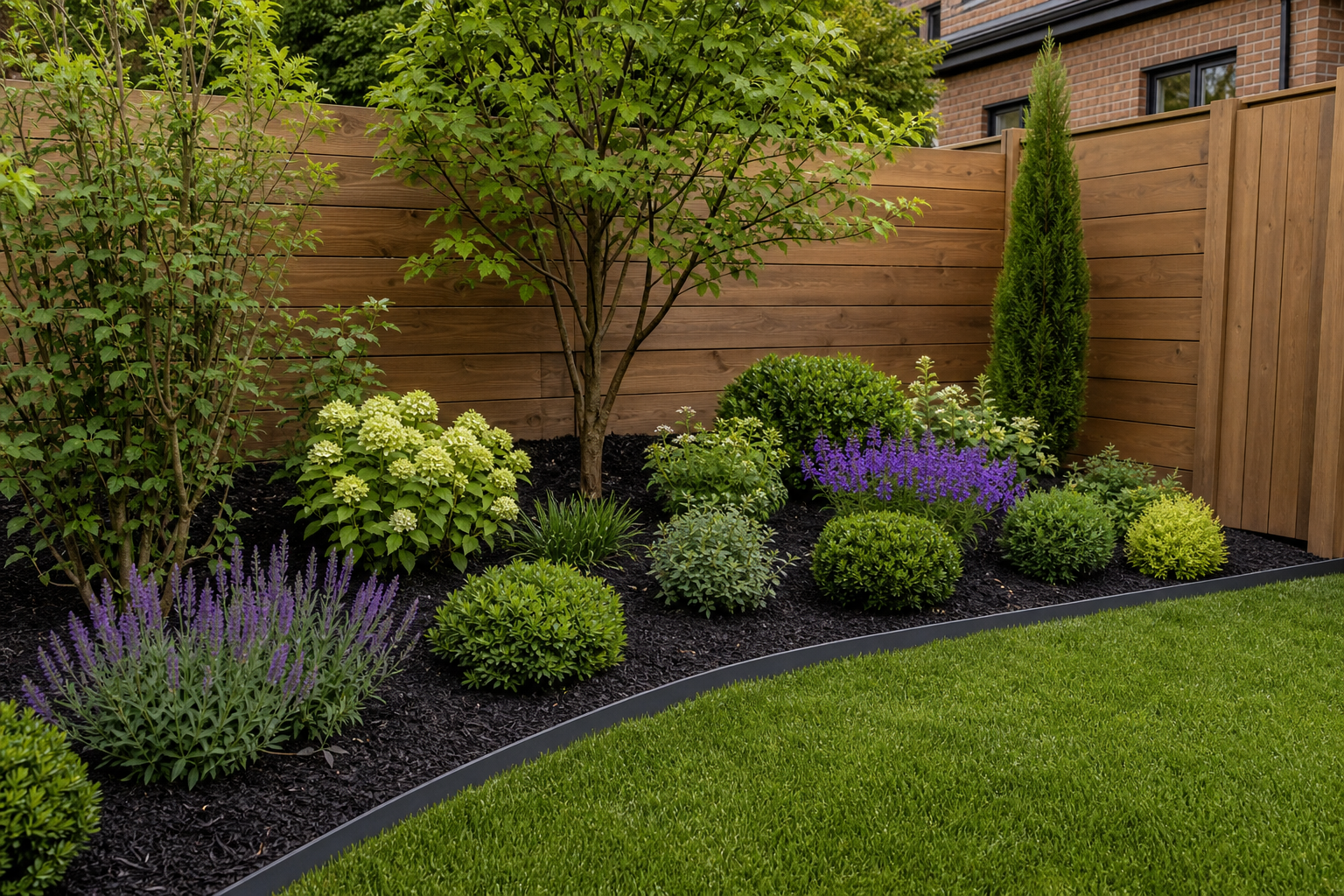 Compact urban garden with steel edging and dark mulch