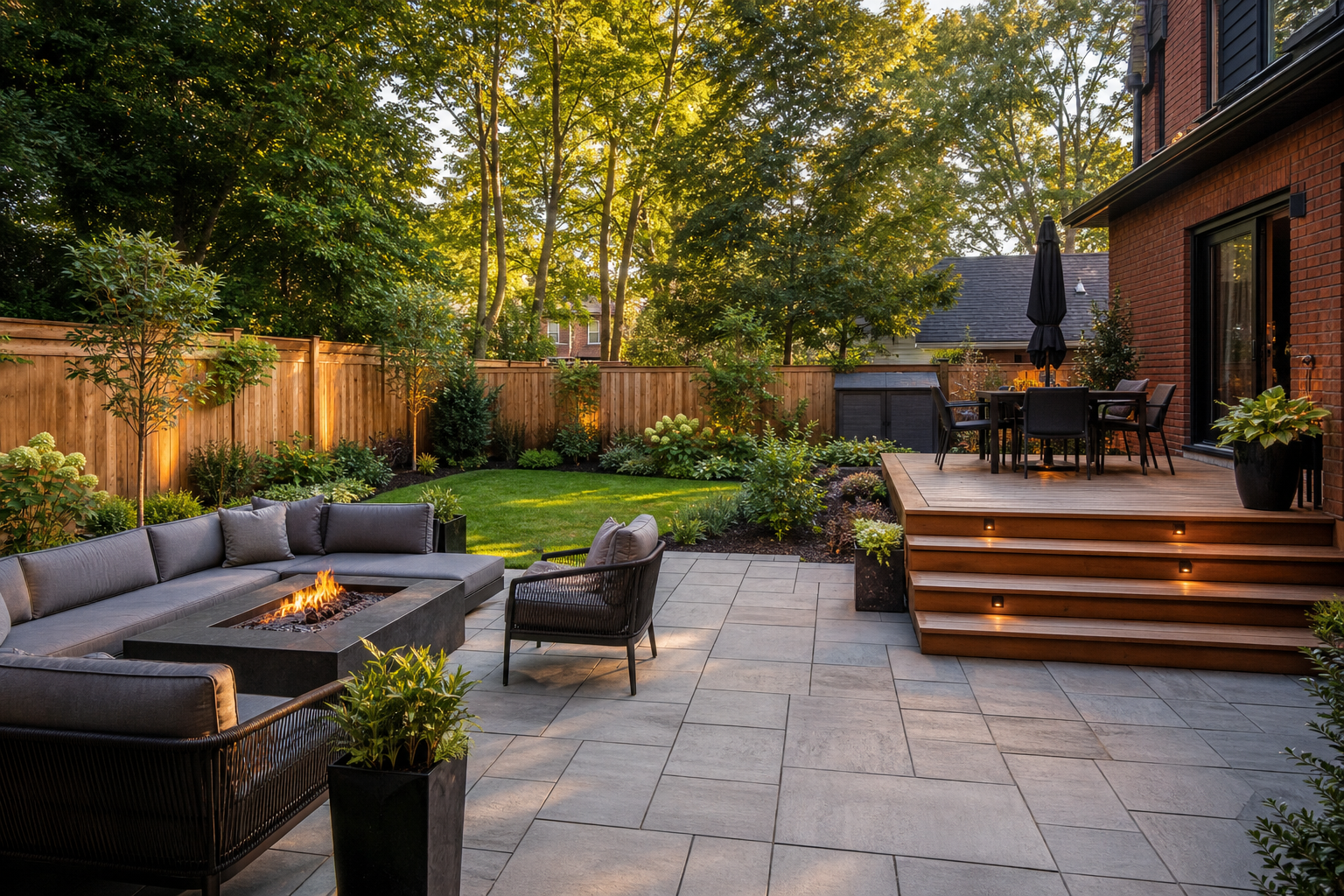 Custom backyard design with patio deck garden and fence