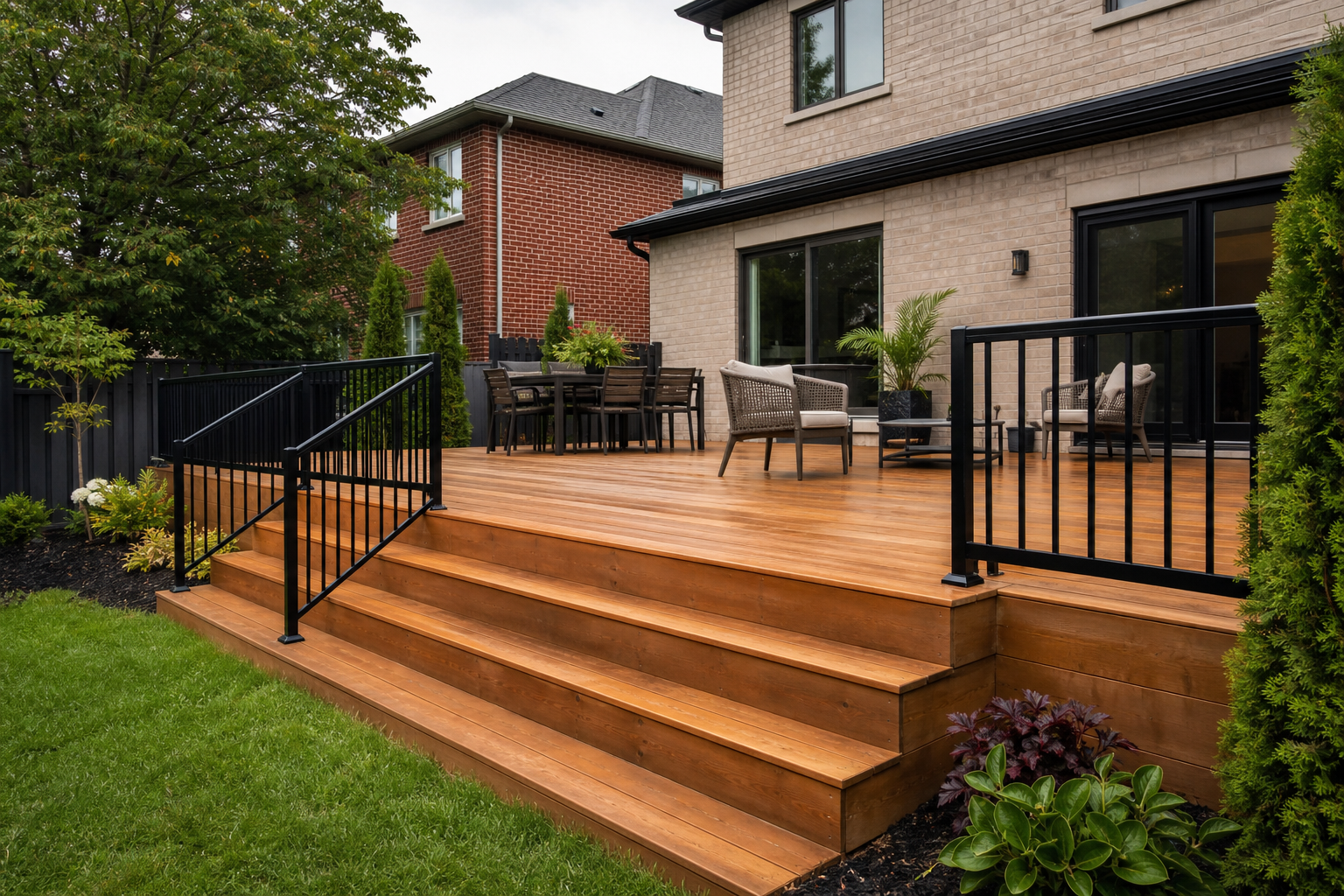 Completed wood deck with stairs and railing