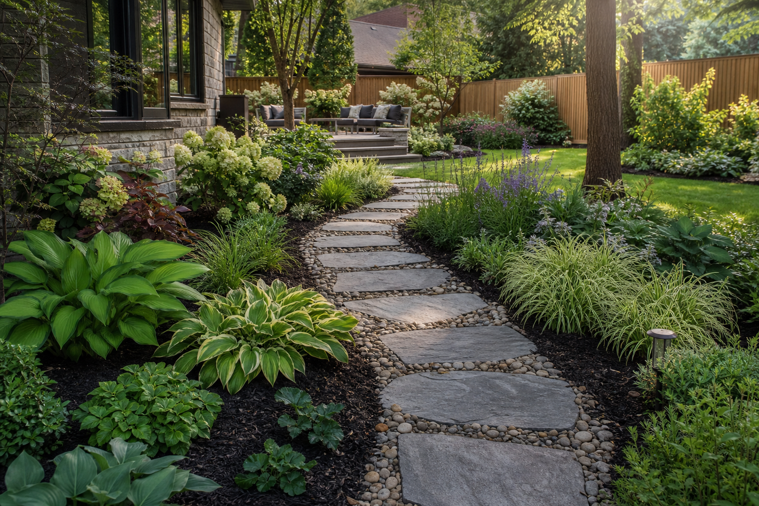 Landscaped garden beds with stone pathway