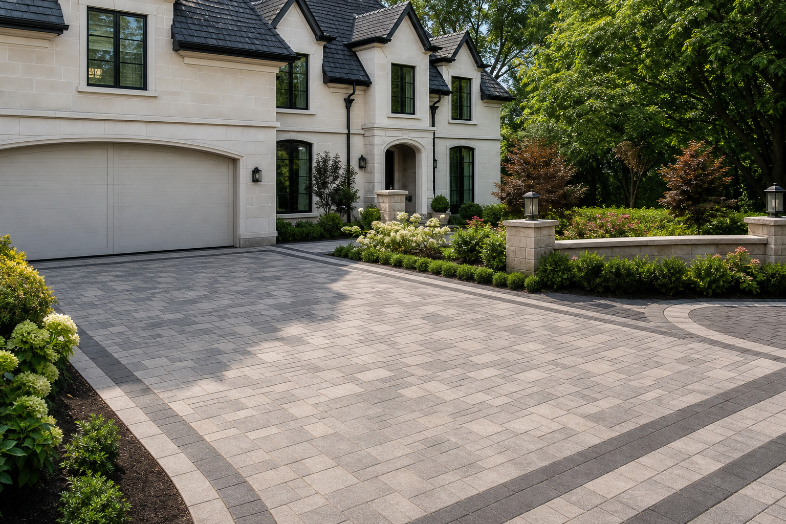 Completed two-tone interlock driveway with landscaped edges